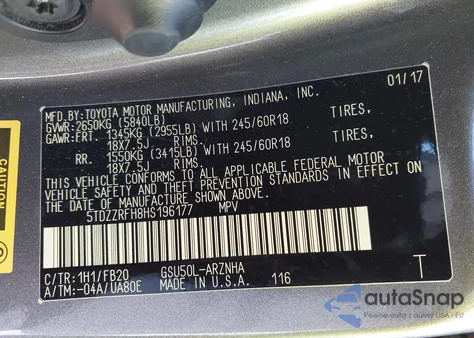 2017 Toyota Highlander Le from USA, damaged, VIN 5TDZZRFH8HS196177